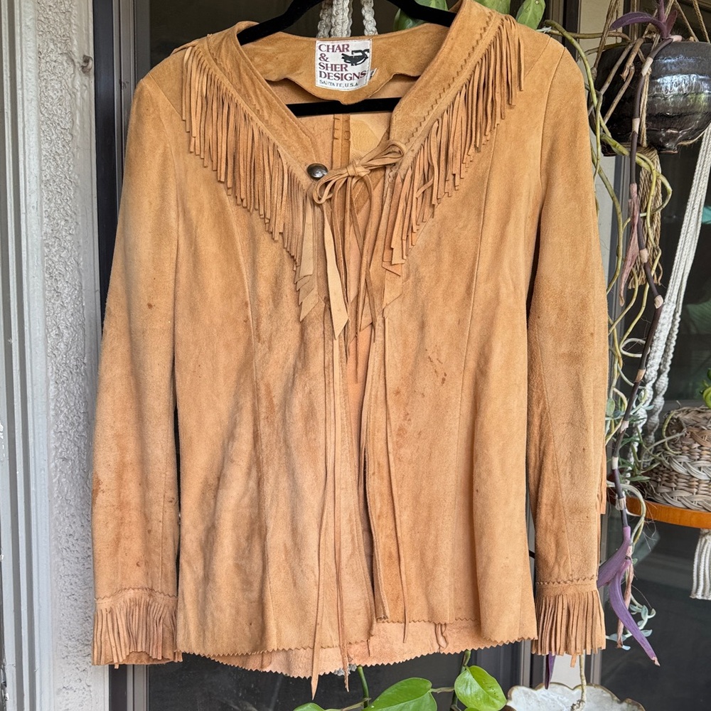 Char & Sher Designs Light Brown Tan Suede Fringe Jacket 1970s Vintage